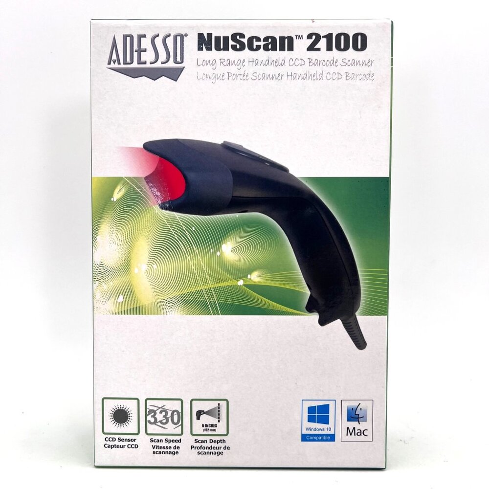 Adesso NuScan 2100 Long Range Handheld CCD Barcode Scanner Windows Mac USB Cable